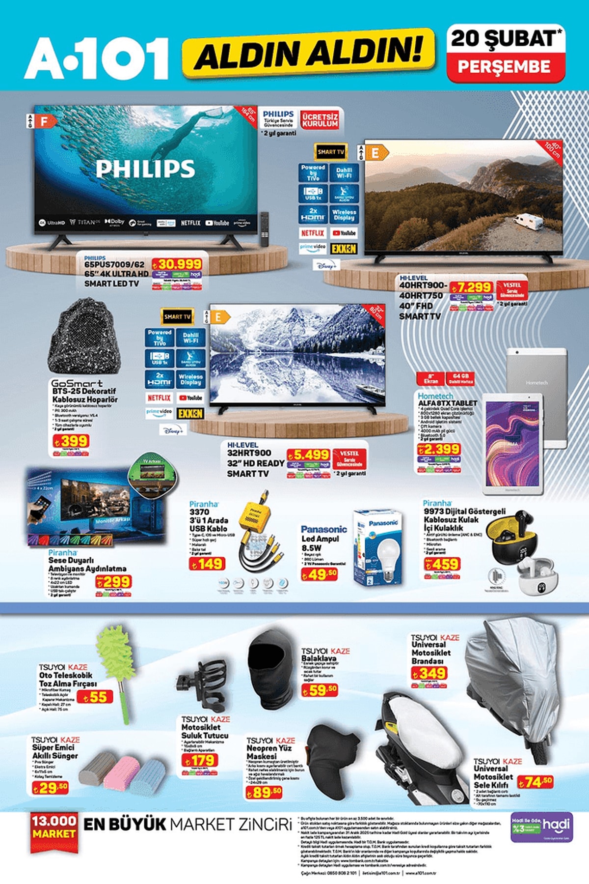 Philips 65” 4K Ultra HD Smart LED TV, Hi-Level televizyon modelleri, Piranha kablosuz hoparlör, Panasonic LED ampul ve motosiklet brandası gibi elektronik, aydınlatma ve aksesuarların bir arada gösterildiği sayfa.