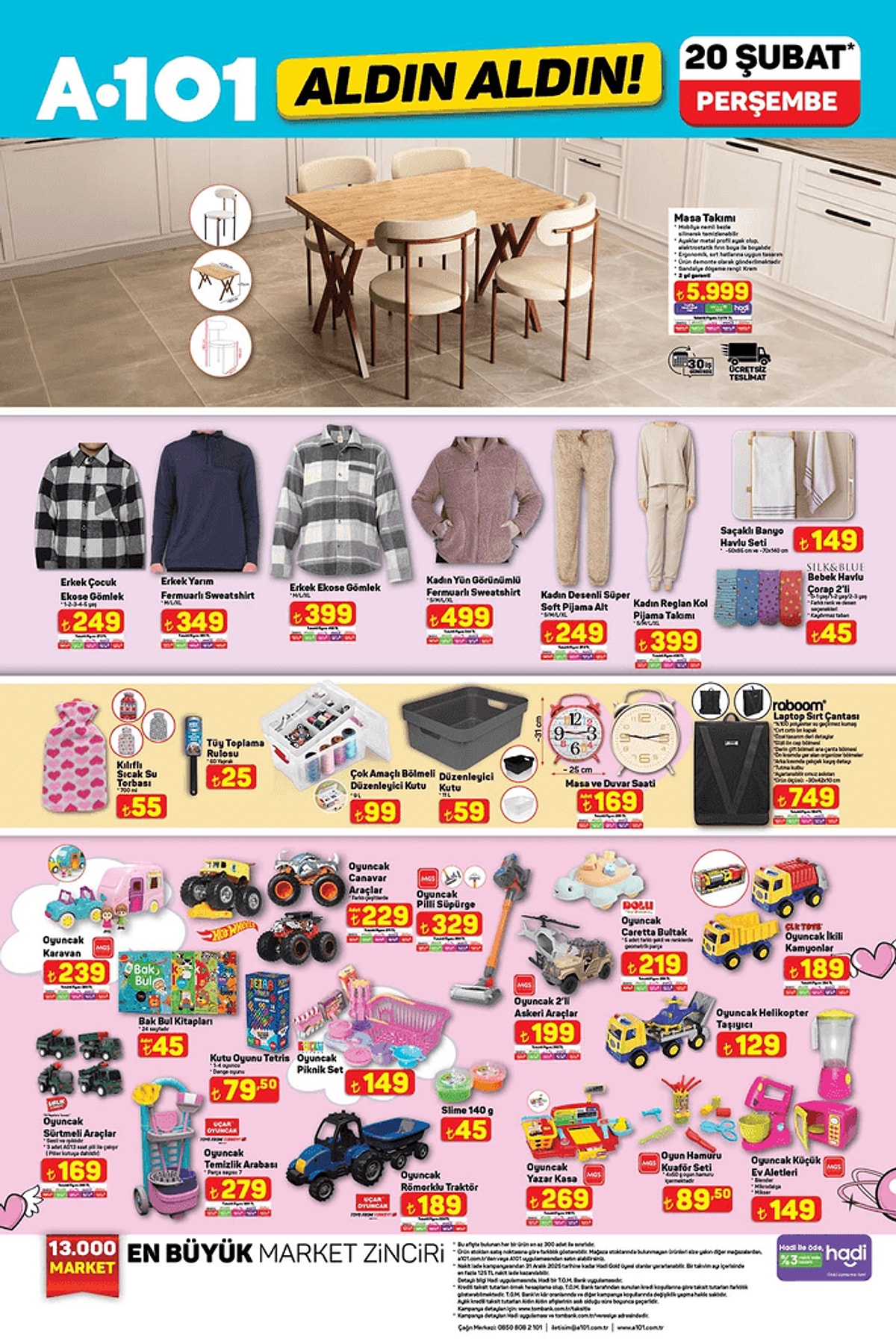 Açıklama: Masa takımı, erkek ve kadın giyim ürünleri (ekose gömlek, fermuarlı sweatshirt, pijama takımı) ile ev aksesuarları (sıcak su torbası, düzenleyici kutular, saatler) ve çocuklar için çeşitli oyuncakların bulunduğu katalog sayfası görülüyor.