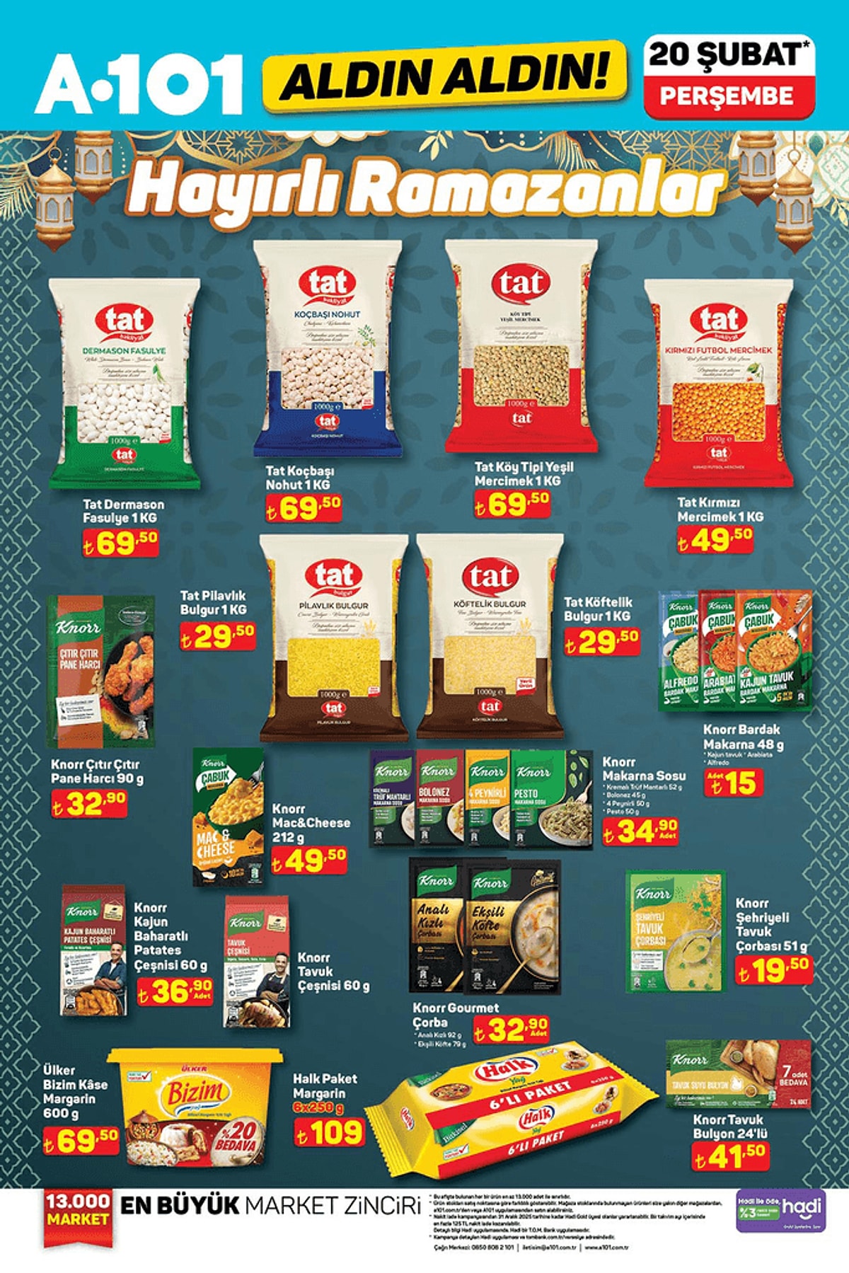 TAT markalı bakliyat çeşitleri (nohut, fasulye, mercimek), bulgur çeşitleri ve Knorr marka farklı sosların yer aldığı Ramazan temalı gıda ürünleri sayfası gösteriliyor.