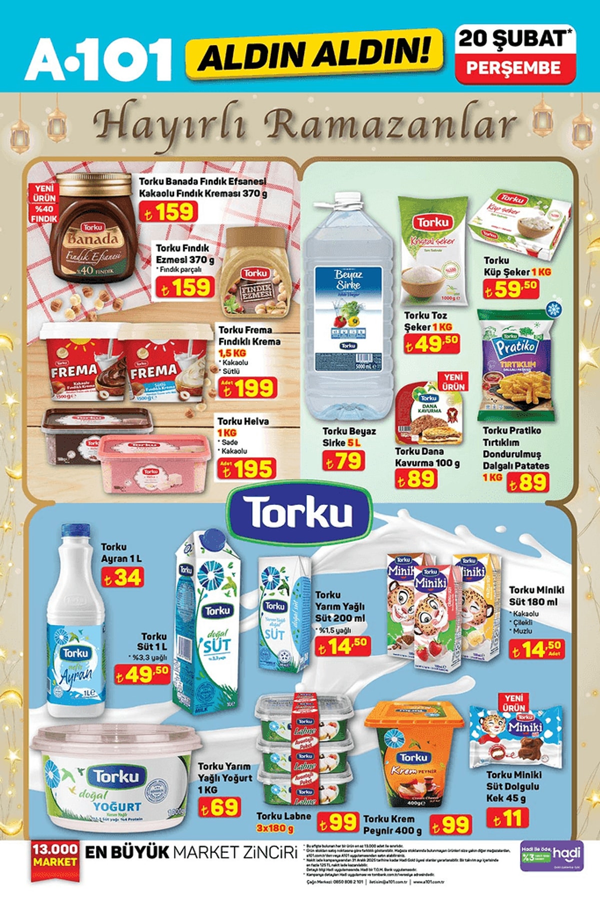 Torku markalı fındık krema çeşitleri, helva, şeker ve ayran gibi gıda ürünlerinin sergilendiği Ramazan temalı sayfa görüntüsü.