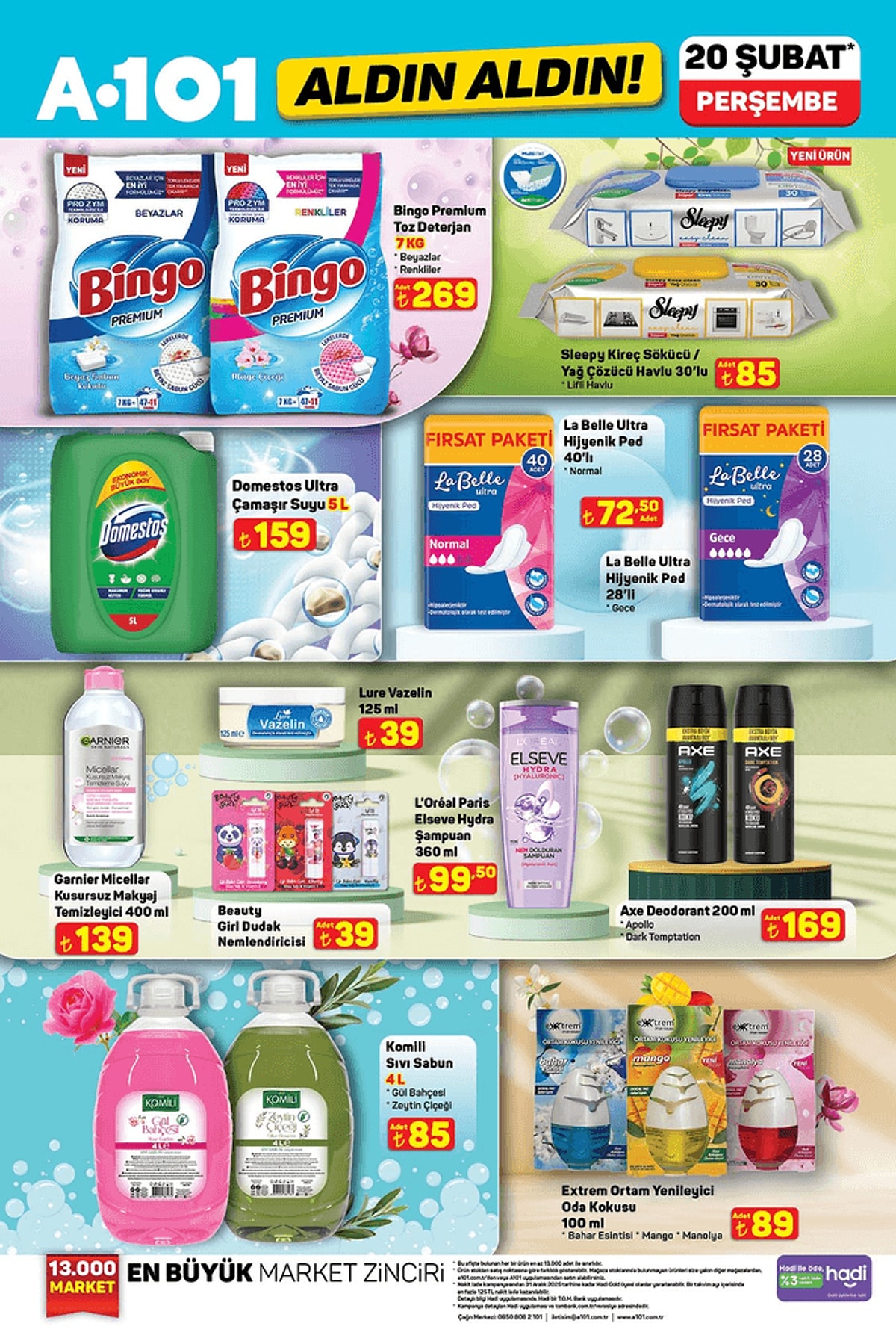 Bingo marka toz deterjan, Domestos çamaşır suyu, Sleepy ıslak havlu, La Belle hijyenik ped, Garnier makyaj temizleyici, L’Oréal Elseve şampuan gibi temizlik ve kişisel bakım ürünlerinin yer aldığı katalog sayfası bulunuyor.