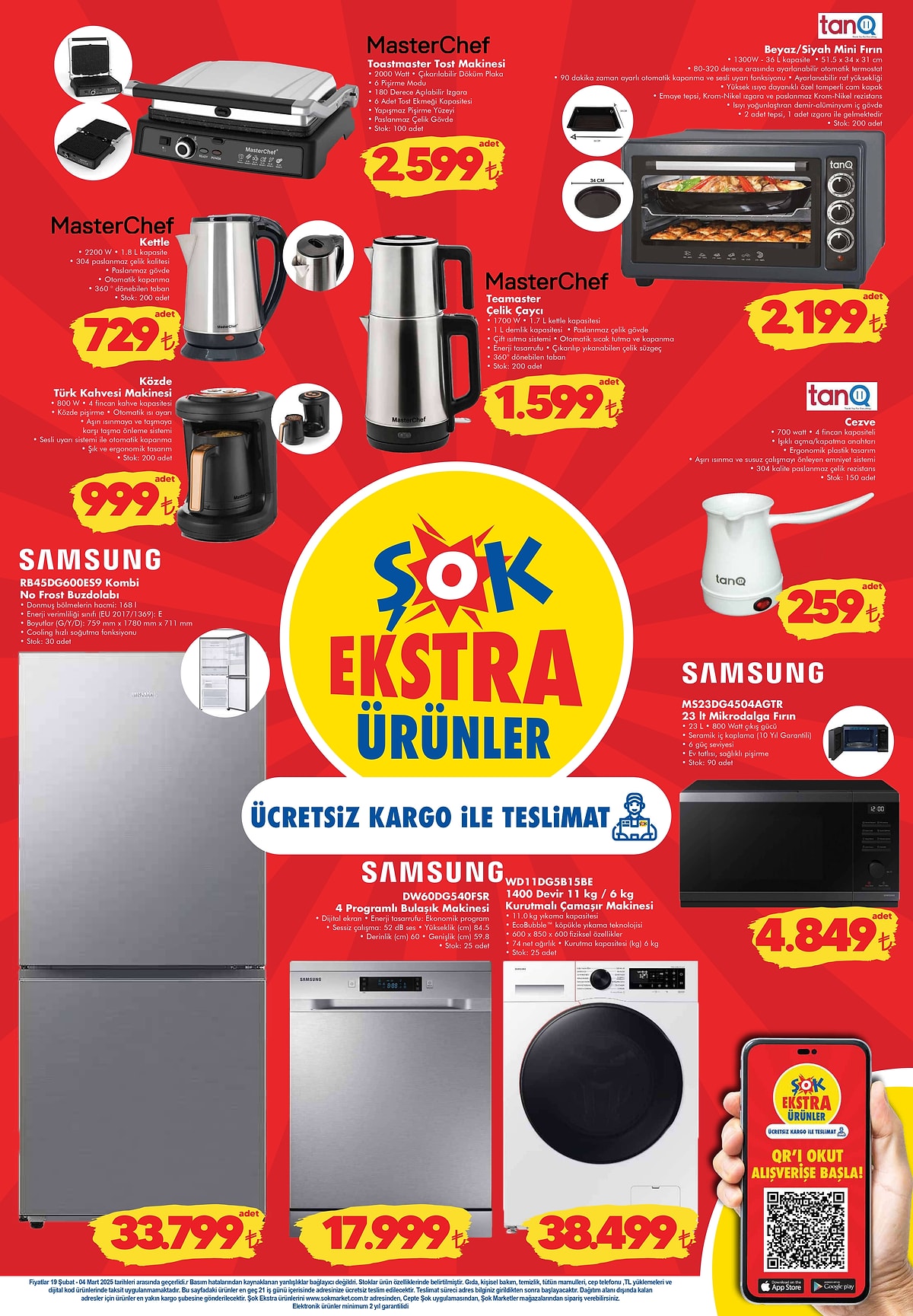 Şok Market elektronik bölümünde yer alan MasterChef tost makinesi, kettle, mini fırın ve Samsung beyaz eşyalar.