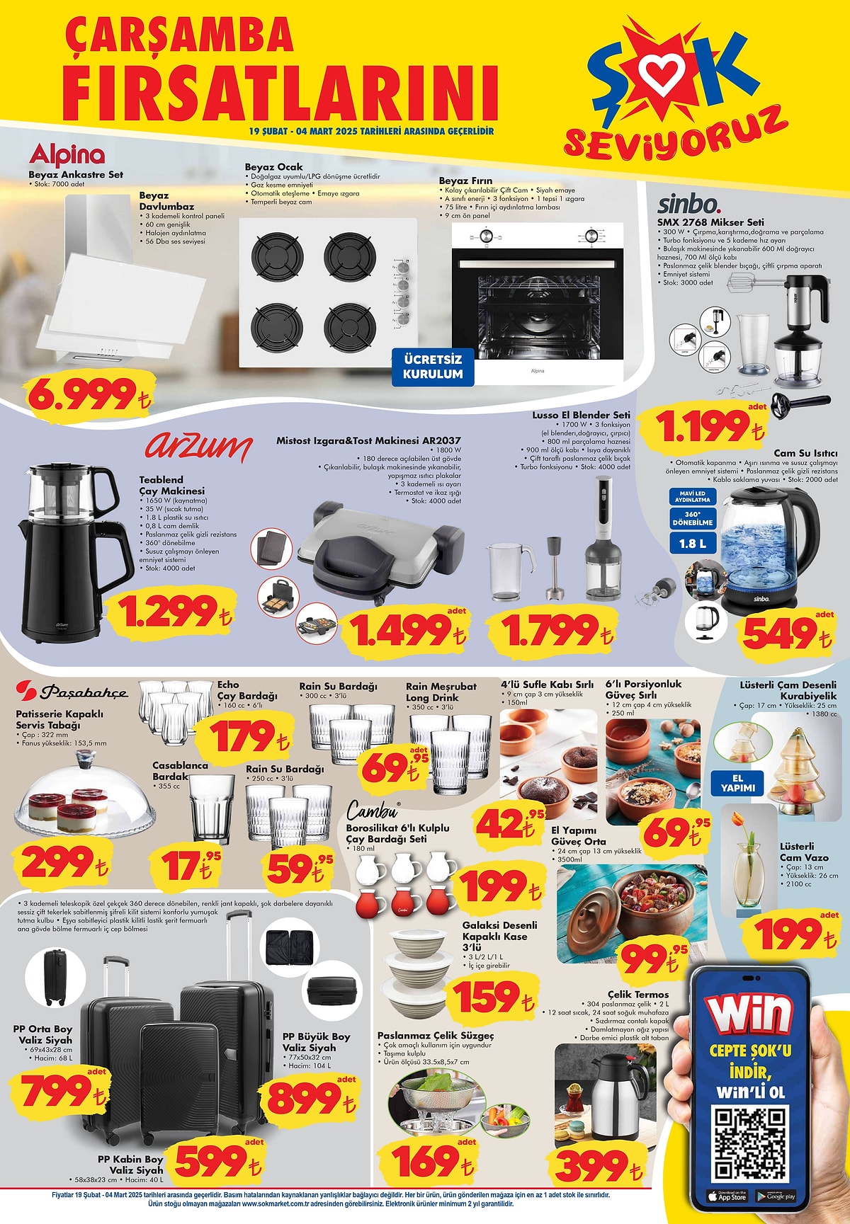 Şok Market 19 Şubat – 4 Mart 2025 aktüel kataloğunda yer alan ankastre set, tost makinesi ve çay makinesi indirimleri.