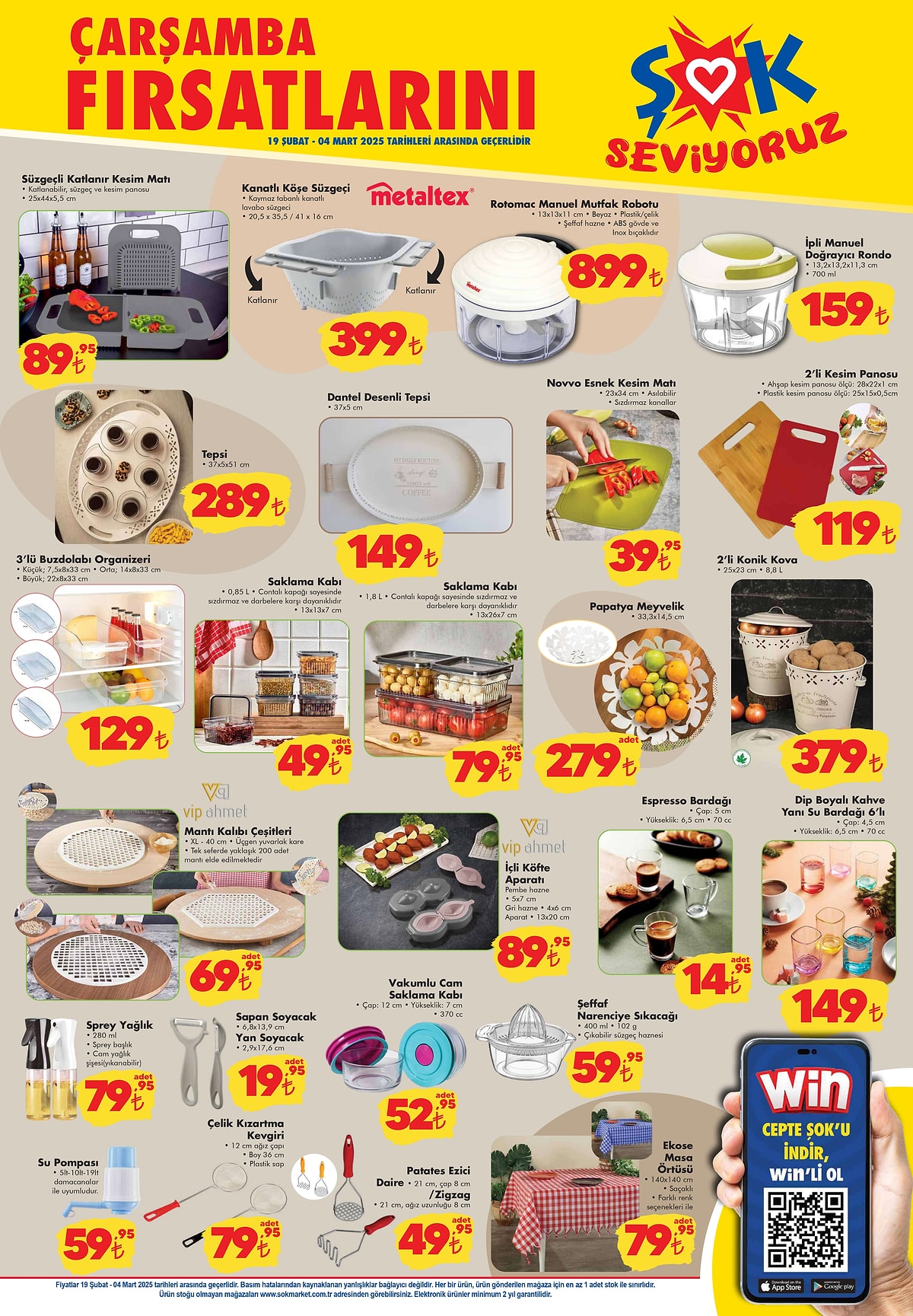 Şok Market elektronik bölümünde yer alan MasterChef tost makinesi, kettle, mini fırın ve Samsung beyaz eşyalar.