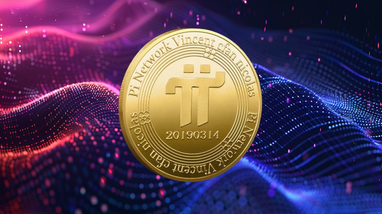 Pi Network'ün altın renkli Pi Coin sembolü, mor ve mavi dijital dalgalar üzerinde yer alıyor. 2025 yılında kripto para madenciliği ve blockchain teknolojisini temsil eden modern ve parlak bir tasarım