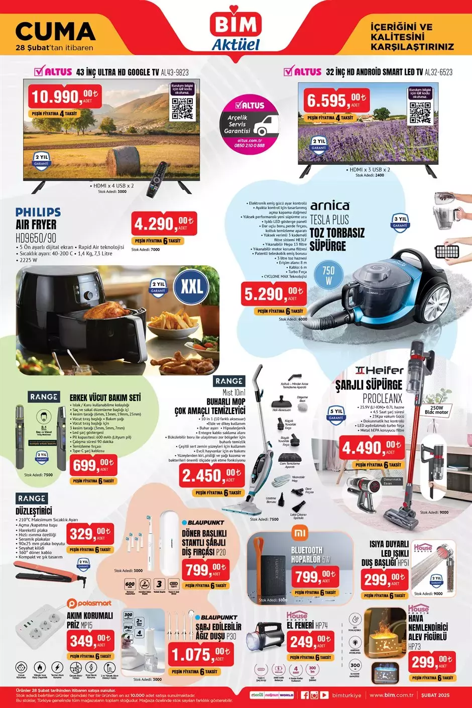 İM’in 28 Şubat 2025 Cuma aktüel kataloğunda yer alan teknoloji ve ev aletleri indirimleri. Altus TV, Philips Air Fryer, Arnica süpürge ve diğer ürünler “Bim katalog, Bim aktüel, Bim indirim” aramaları için SEO uyumlu, dikkat çekici bir kapak fotoğrafı
