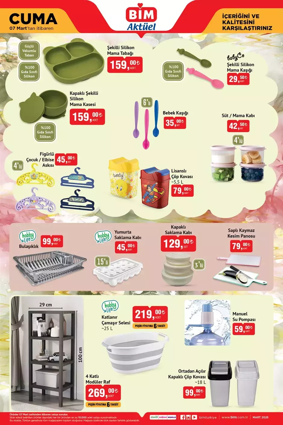BİM 7 Mart Cuma Aktüel Kataloğu: Silikon mama tabağı ve kaşığı, mama kasesi, bebek askısı, çöp kovası, saklama kabı, çamaşır selesi, modüler raf ve daha fazlası!