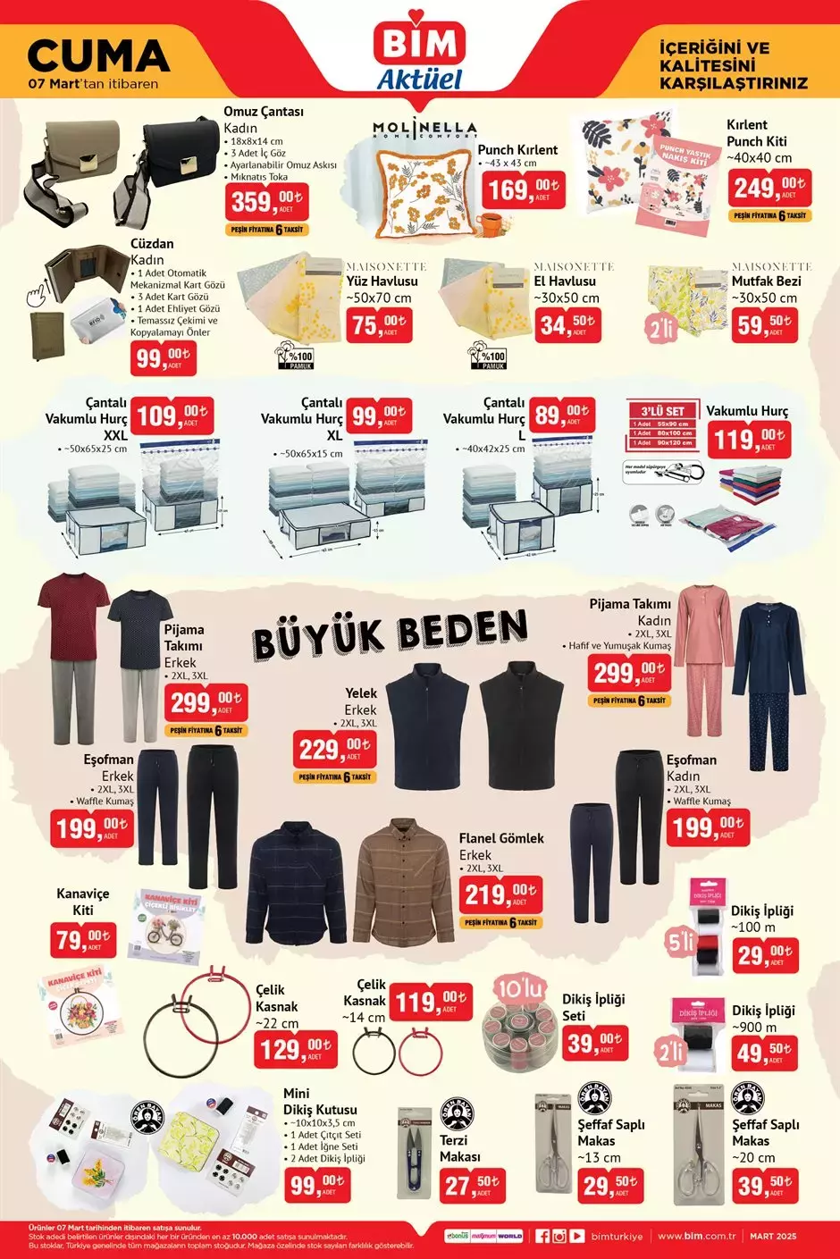 BİM 7 Mart Cuma: Çanta, cüzdan, hurç, pijama, eşofman, yelek, gömlek, kanaviçe kiti, dikiş seti ve ipliklerde indirim!