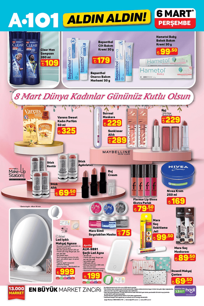 Şampuan, maskara, ruj ve parfüm kampanya görseli.
