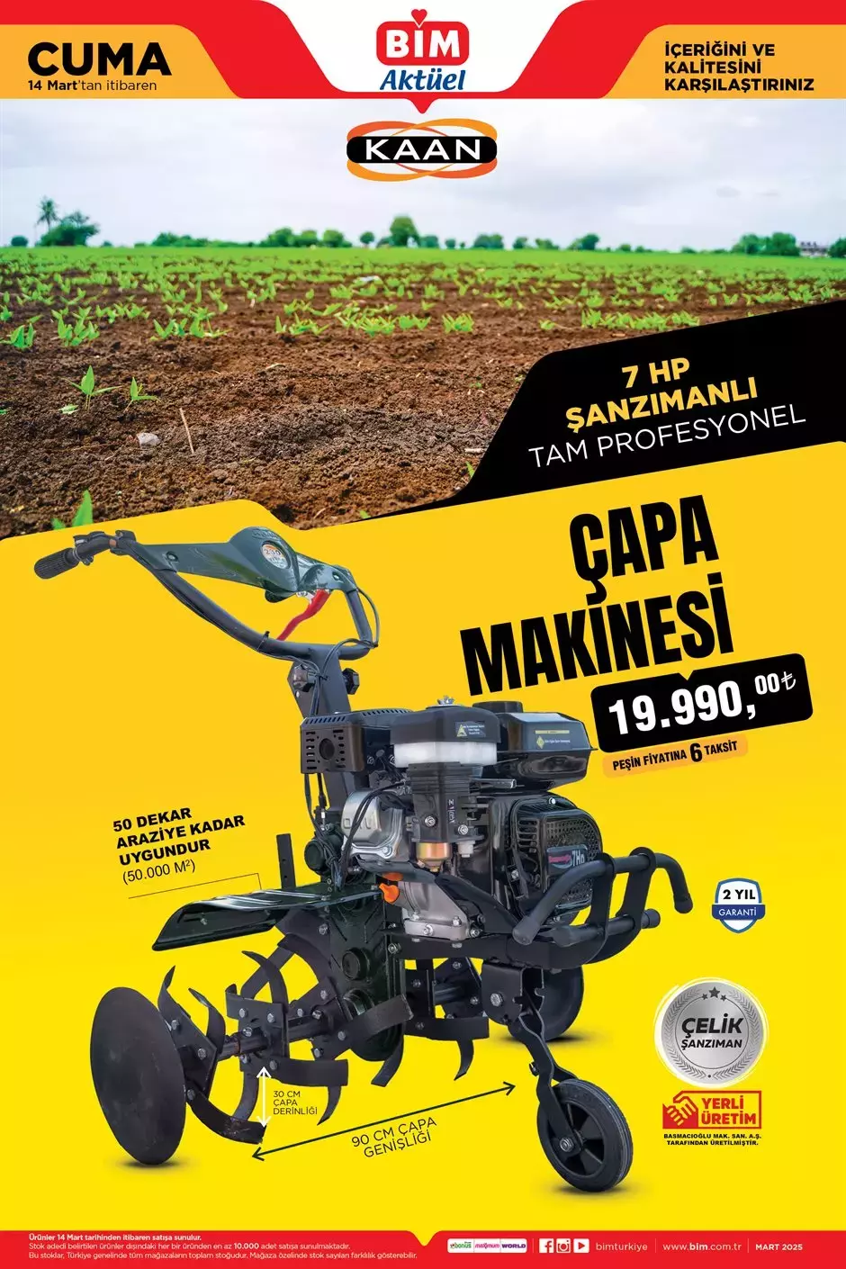 BİM'in 14 Mart 2025 aktüel katalogunda yer alan çapa makinesi gibi tarım ürünleri