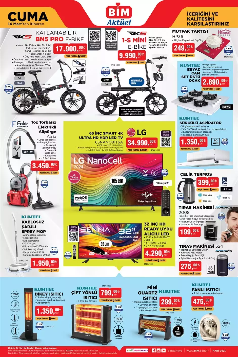 BİM'in 14 Mart 2025 aktüel katalogunda yer alan elektronik, ev aletleri ve temizlik ürünleri gibi ürünleri.  BIM katalog detayları  diğer market katalogları