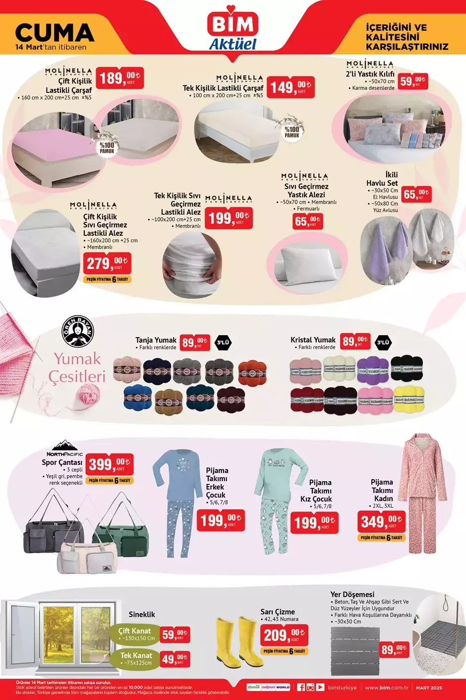 BİM'in 14 Mart 2025 aktüel katalogunda yer alan tekstil, pijama ve aksesuar ürünleri gibi ürünleri.