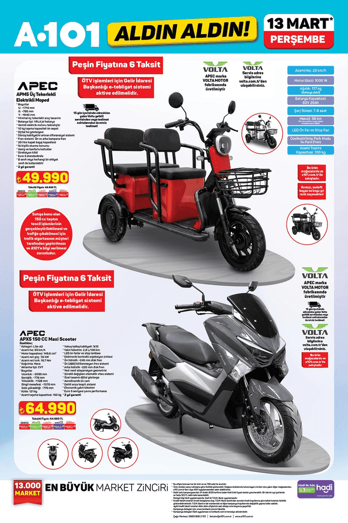 A101 13 Mart 2025 kataloğunda indirimli elektrikli scooter ve motosiklet modelleri: APECS ve VOLTA markaları