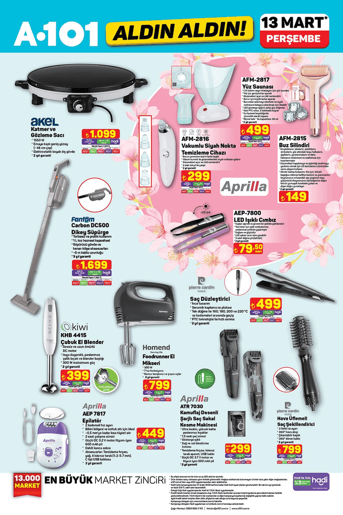 A101 13 Mart 2025 kataloğunda Akel, Aprilia, Fantom ve Pierre Cardin markalı kişisel bakım ve mutfak ürünler