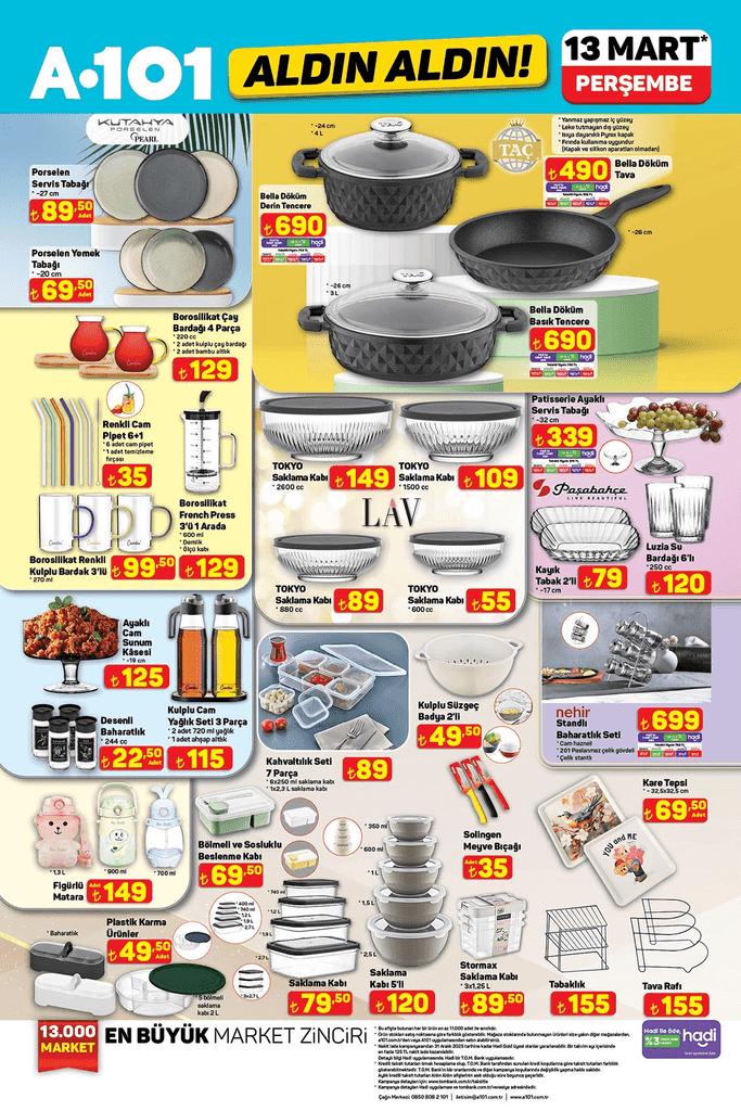 A101 13 Mart 2025 kataloğunda Kutahya Porselen, Lav, Pasabahçe ve diğer markaların mutfak ve servis ürünler