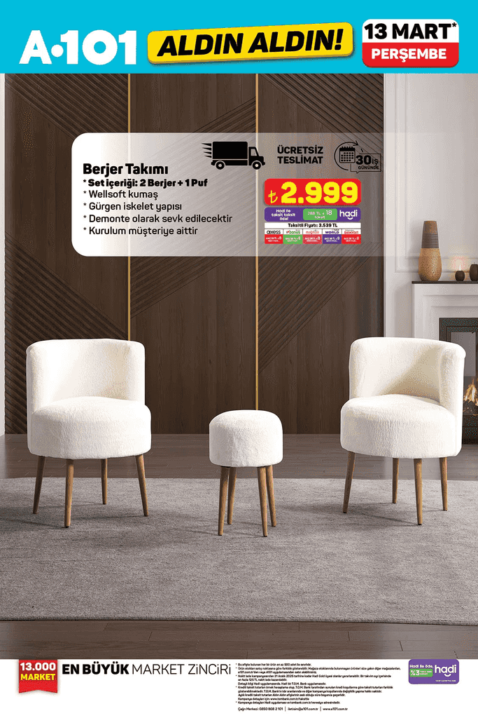 A101 13 Mart 2025 kataloğunda berjer takımı ve puff seti gibi mobilya ürünleri
