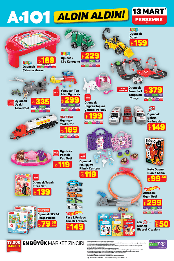  A101 13 Mart 2025 kataloğunda MGS, Hot Wheels ve Beta Kids markalı oyuncaklar ve eğitici setler