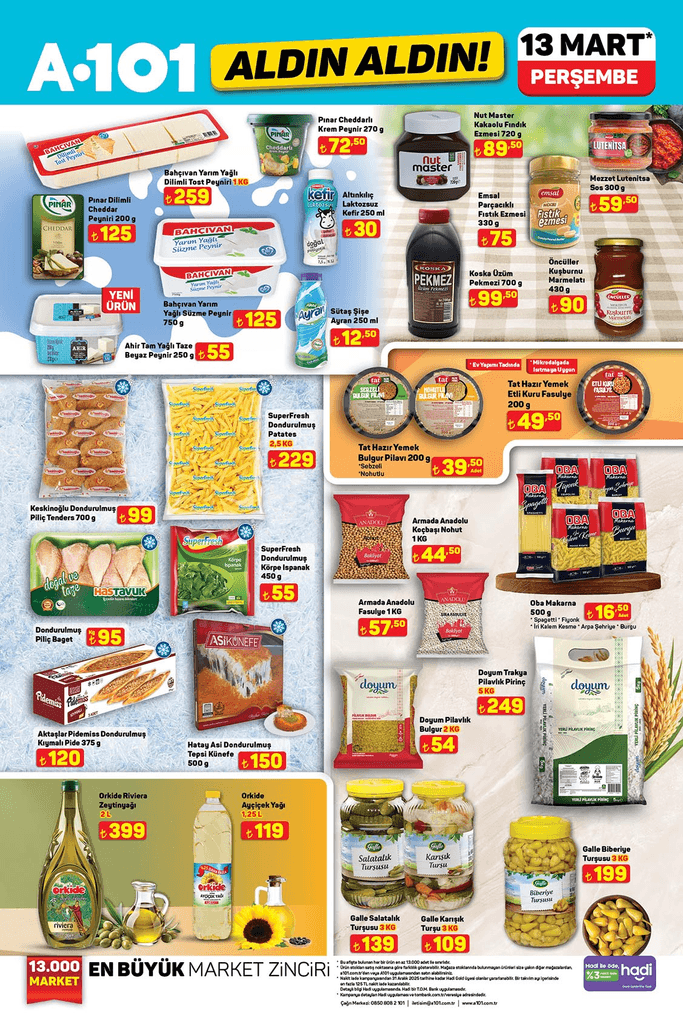A101 13 Mart 2025 kataloğunda Pınar, SuperFresh, Orkid ve diğer markaların gıda ve temel ihtiyaç ürünler