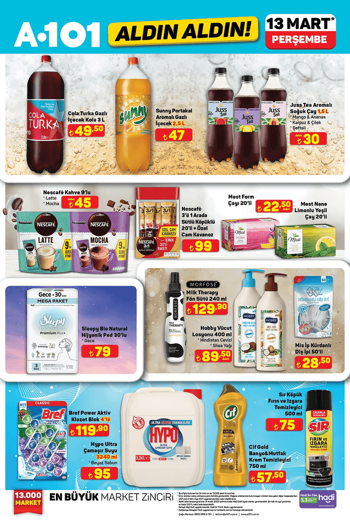 A101 13 Mart 2025 kataloğunda Cola Turka, Sunny, Morfose ve diğer markaların temizlik ve kişisel bakım ürünleri