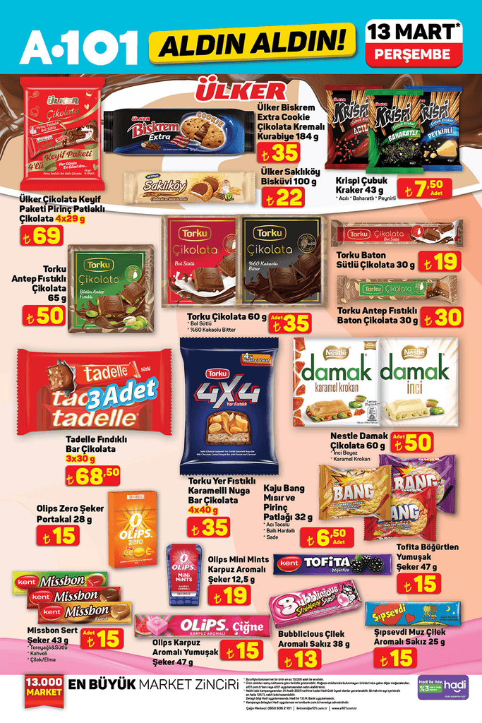  A101 13 Mart 2025 kataloğunda Ülker, Torku, Nestlé ve diğer markaların atıştırmalık ve şekerlemeler