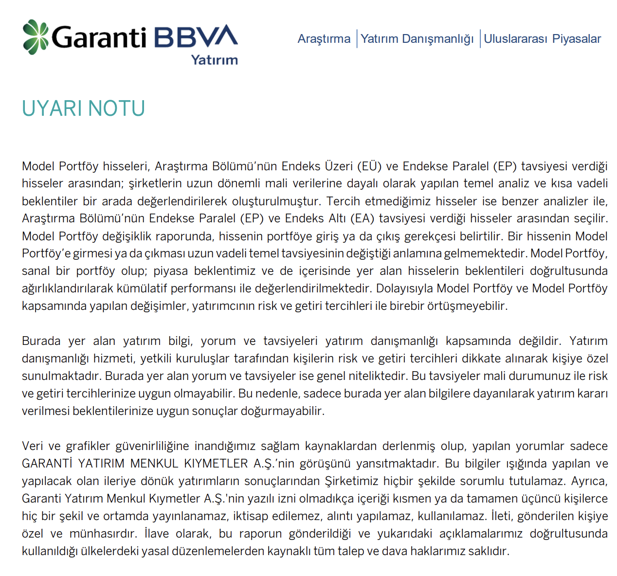 garanti yatırım uyarı notu