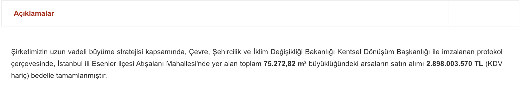 emlak konut gyo arsa alımı kap açıklaması