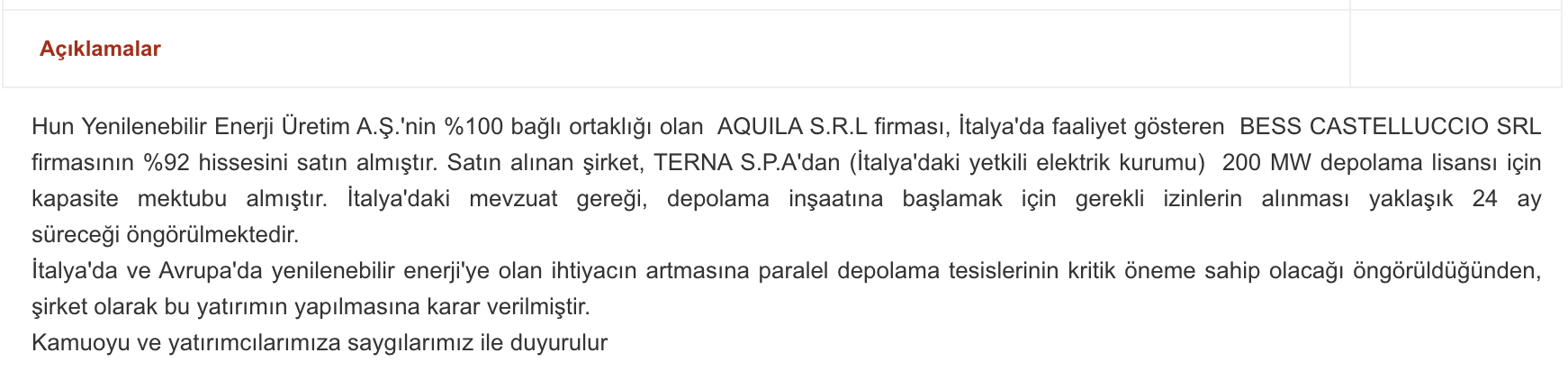 hun kap açıklama