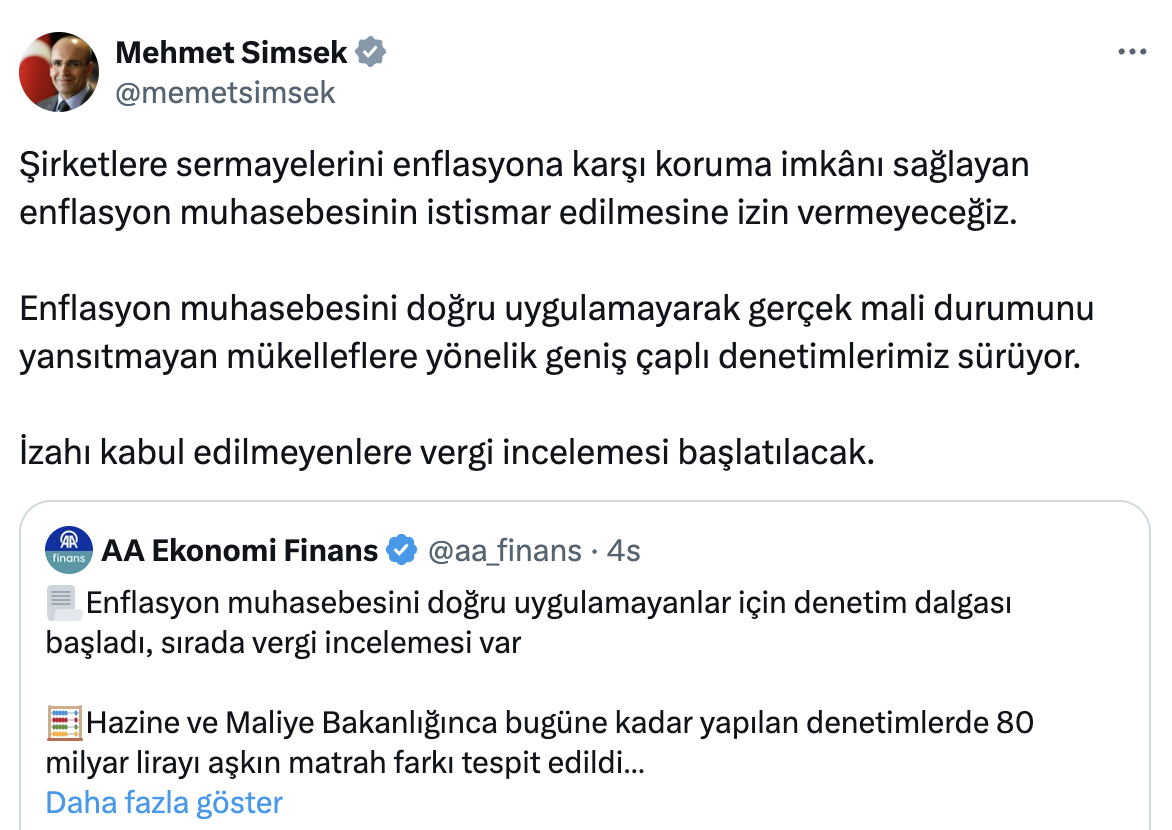 mehmet simsek tweet enflasyon muhasabe