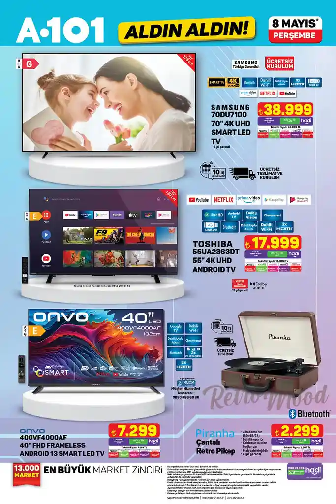 8 Mayıs 2025 A101 aktüel kataloğunda yer alan televizyon modelleri ve retro tasarımlı pikap ürününü içeren teknoloji kampanya sayfası görseli.