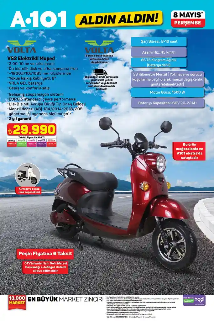 8 Mayıs 2025 A101 aktüel kataloğunda yer alan Volta VS2 elektrikli moped ürünü tanıtım görseli.