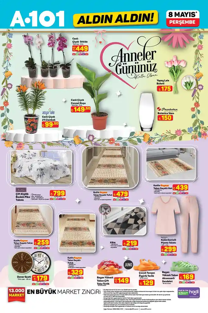 8 Mayıs 2025 A101 kataloğunda yer alan canlı çiçekler, ev tekstili ve yazlık terlik kampanya görseli.
