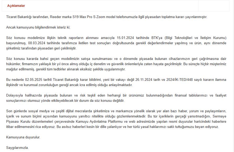 reeder toplatma kararı kap açıklama