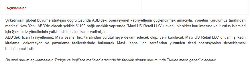 mavi abd'de yeni sirket kuracak, KAP acıklaması