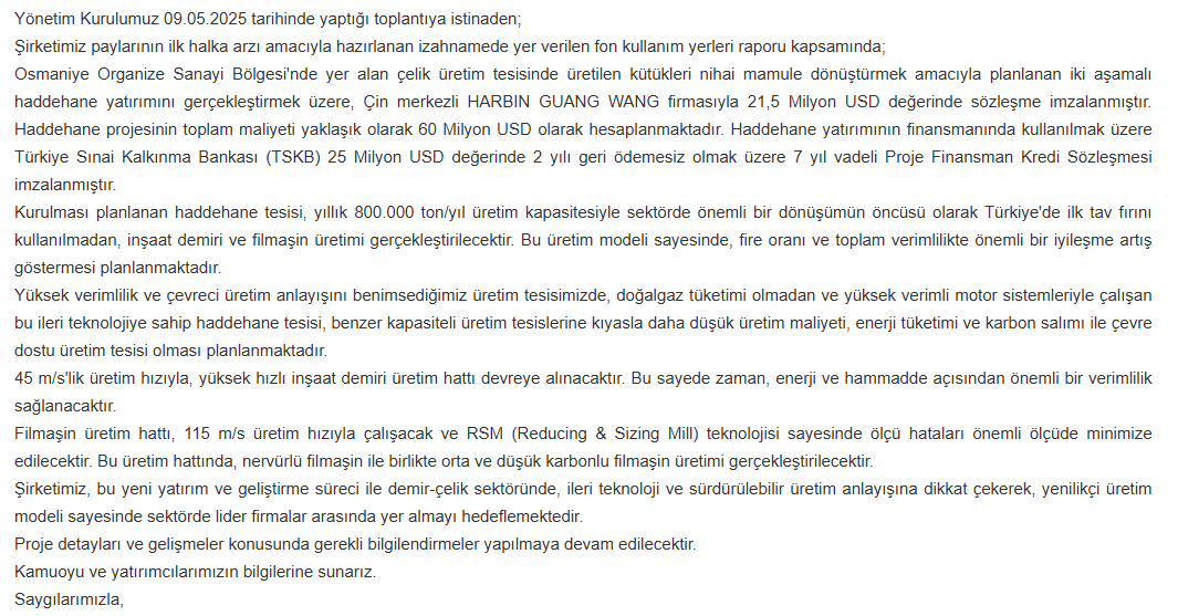 koç metalurji kap açıklaması kocmt hisse