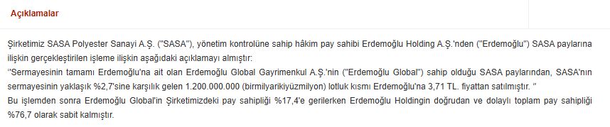 sasa pay devri kap açıklama