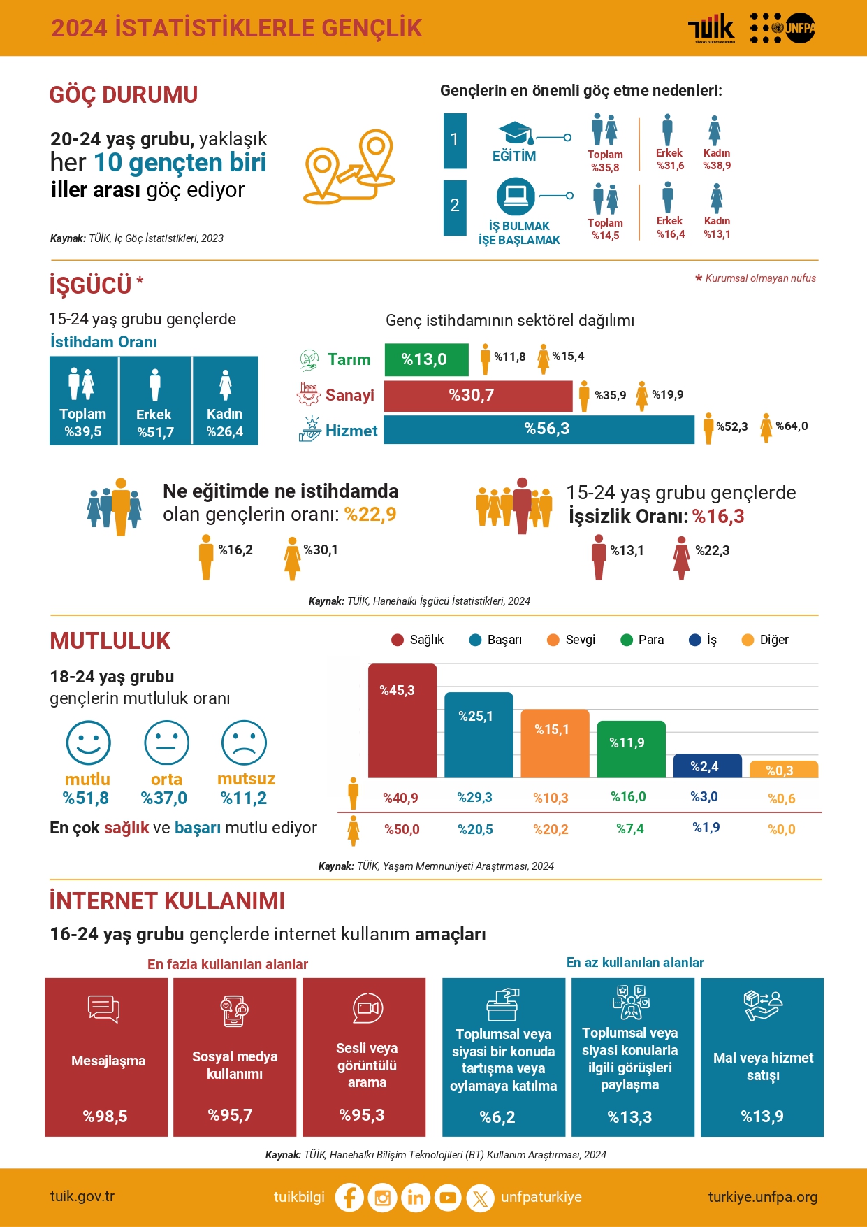 TÜİK 2024 genç nüfus infografiği – mutluluk, internet, istihdam