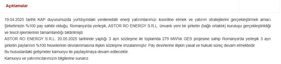 astor kap açıklaması 21 mayıs 2025