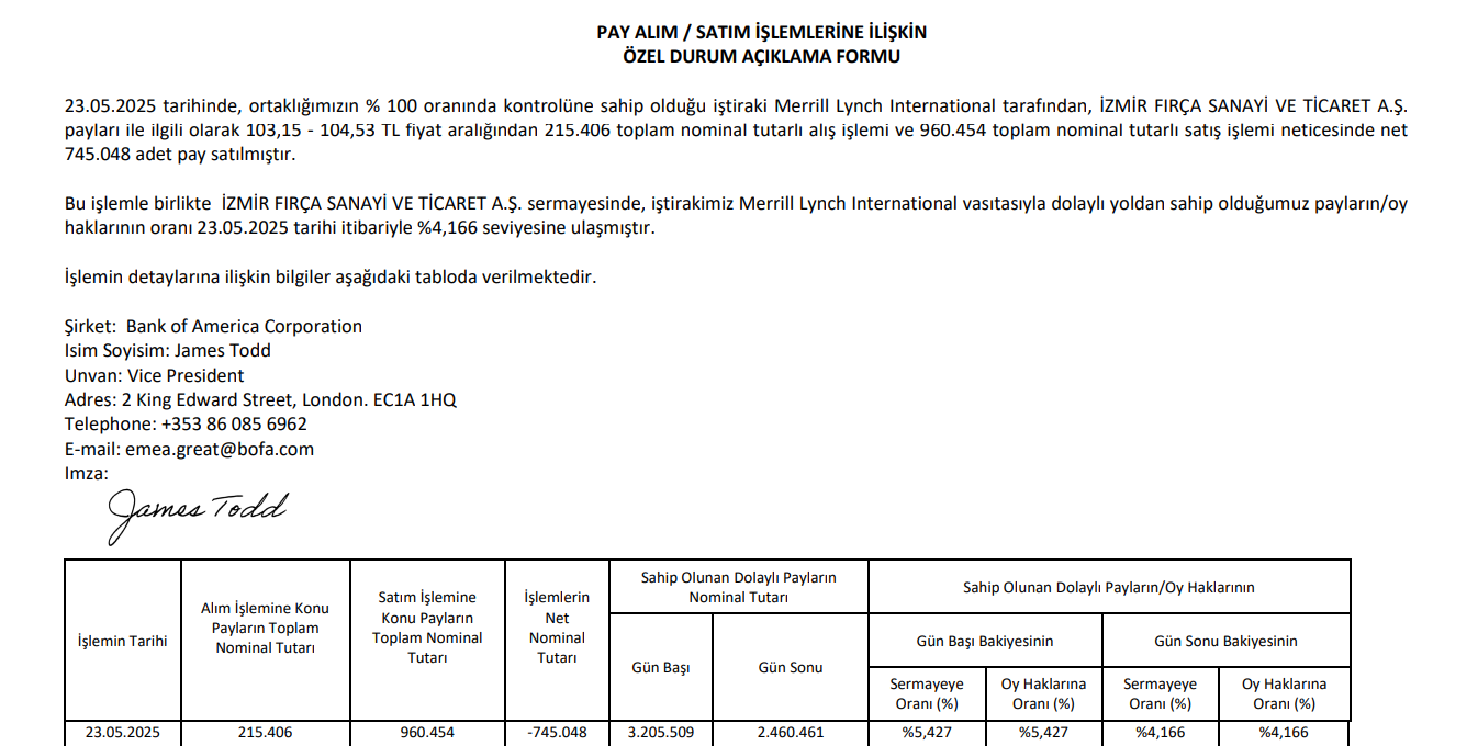 bank of america kap açıklaması izmir fırça 