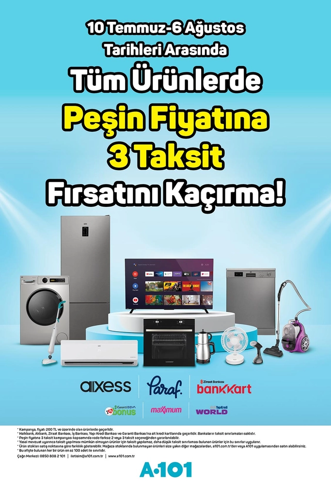 A101 aktüel katalog peşin fiyatına 3 taksit kampanyası 10 Temmuz 2025