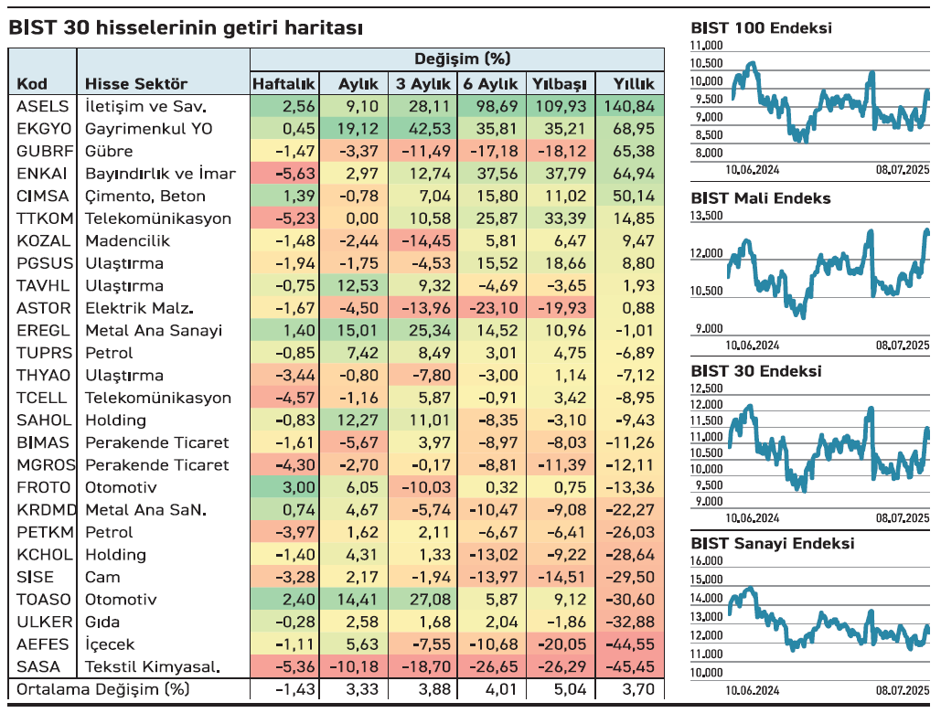 BIST 30 hisselerinin 2025 getiri haritası