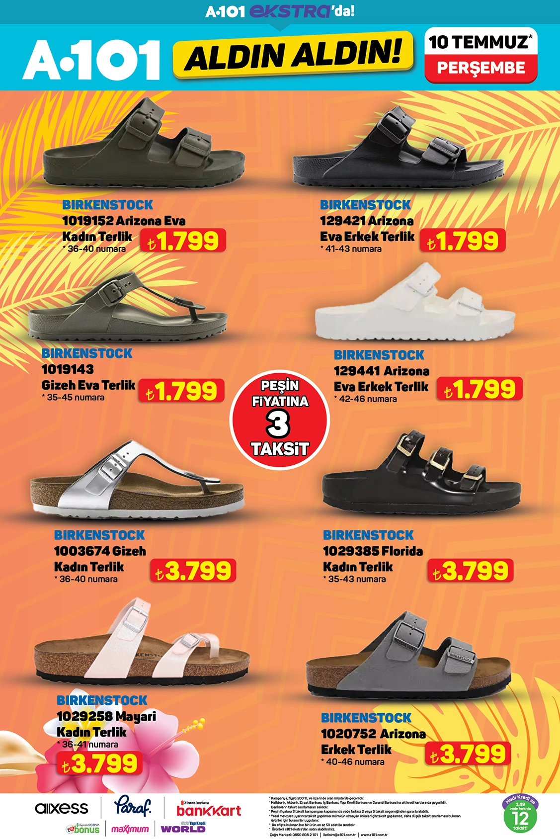 A101 aktüel katalog Birkenstock Eva ve deri terlik modelleri 10 Temmuz 2025