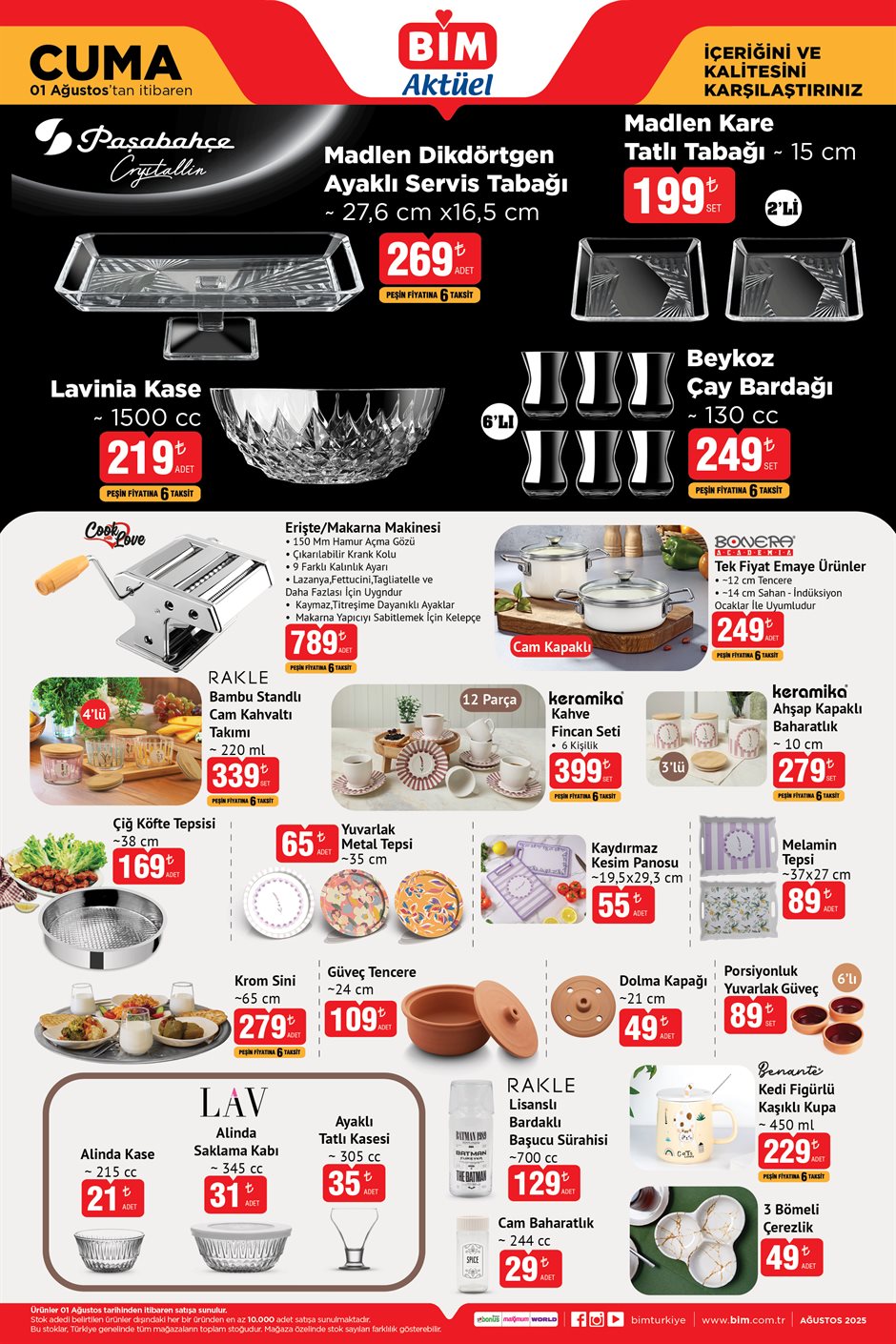 Bim 1 Ağustos 2025 katalogunda Paşabahçe, Keramika ve LAV markalı kase, fincan, baharatlık ve sunum ürünleri 