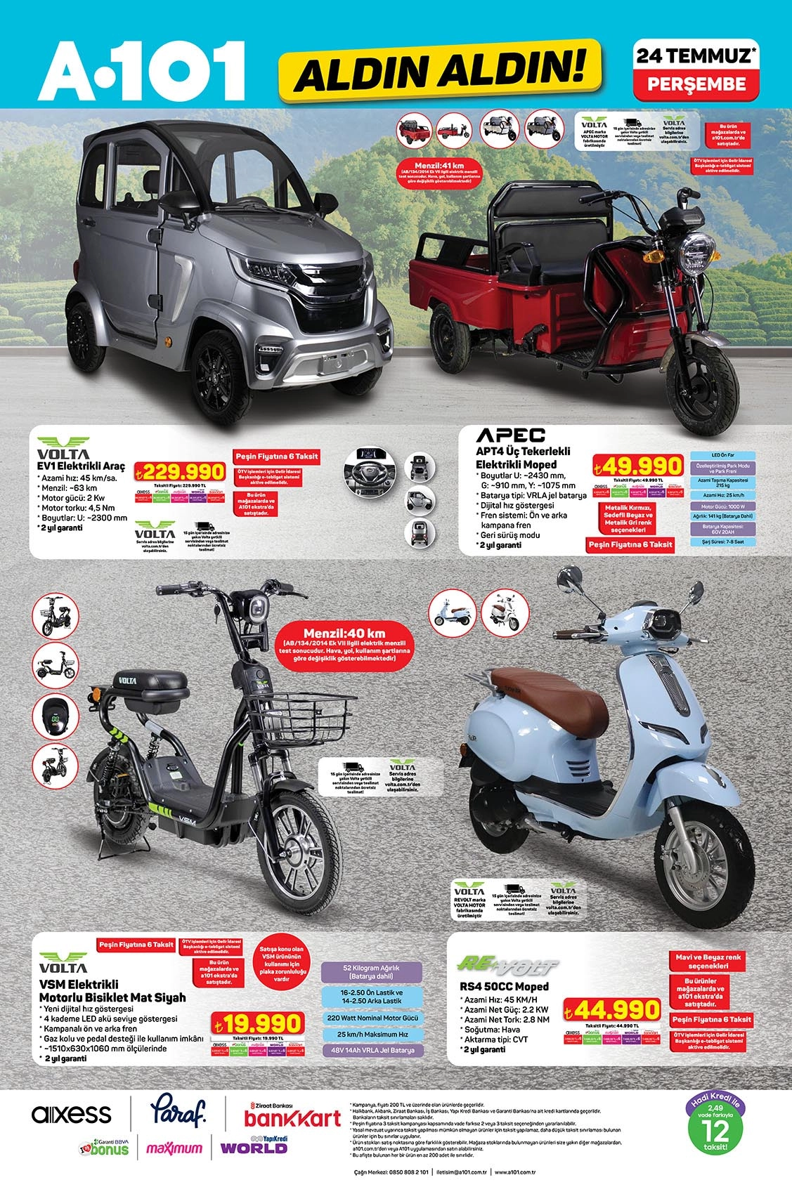 A101 24 Temmuz 2025 kataloğunda elektrikli araçlar ve uygun fiyatlı moped