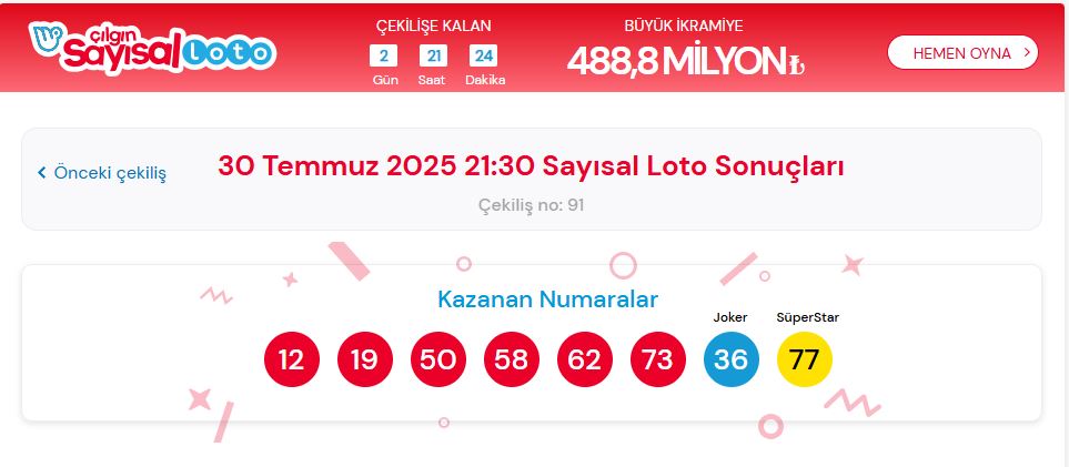 çılgın sayısal loto 30 temmuz 2025 kazanan numaralar açıklandı