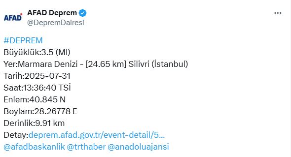 istanbul deprem 31 temmuz 2025 afad açıklaması