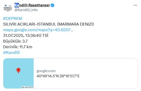 kandilli, istanbul'daki depremi 3.7 olarak duyurdu