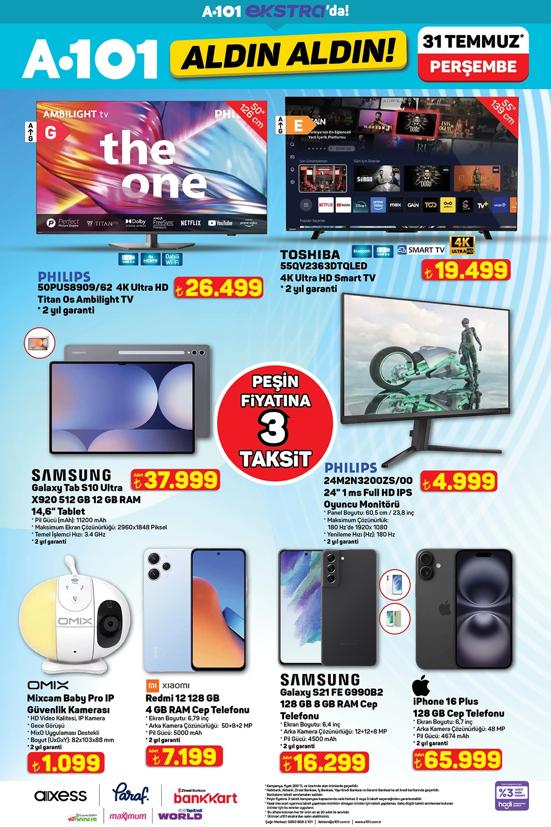A101 31 Temmuz teknoloji kataloğu: televizyon, tablet, telefon ve kamera