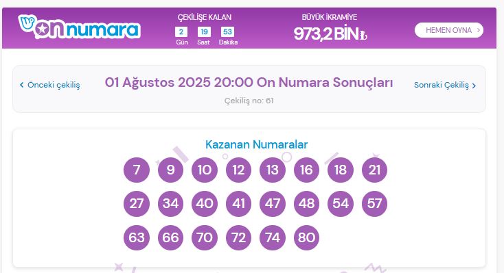 1 Ağustos 2025 On Numara çekilişinde kazanan numaralar