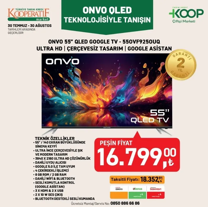 Onvo 55 inç QLED Google TV kampanya fiyatıyla Tarım Kredi Market’te.