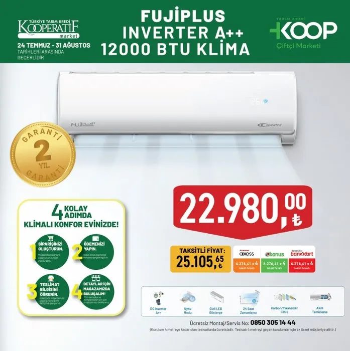 Fujiplus 12000 BTU inverter klima uygun fiyatla Tarım Kredi Market’te.